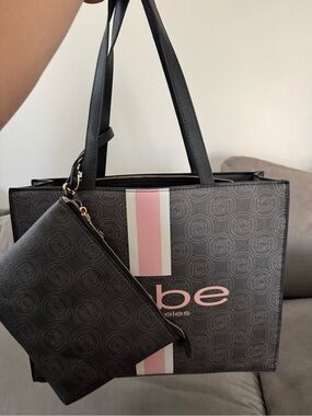 bebe Black Tote with Pink and White Stripes + Matching Pouch